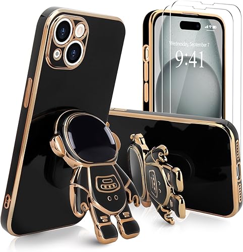 Funda para iPhone 15, lindo soporte de astronauta 3D con 2 protectores de pantalla protección de cámara Soporte de silicona suave a prueba de golpes