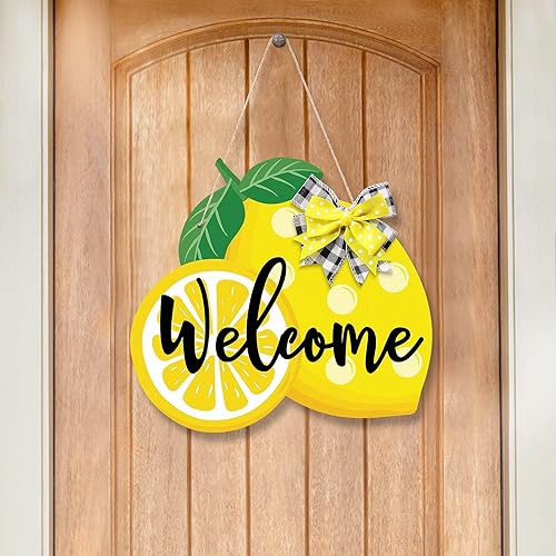 Miniatura 2 de Huray Rayho Letrero de bienvenida con texto en inglés "Lemon Welcome Door" para colgar de puerta delantera de madera de granja de verano, 13.7 x