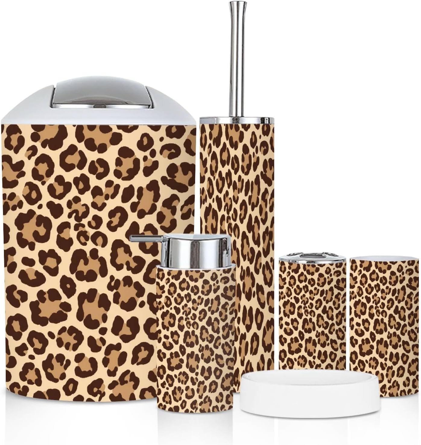 Bathroom Accessory Set 6 Piece Leopard Fur Fashionable Print Modern Panther Animal Toothbrush Holder, Toothbrush Cup, Soap Dispenser, Soap Dish, Toilet Brush Holder, Trash can for Countertop