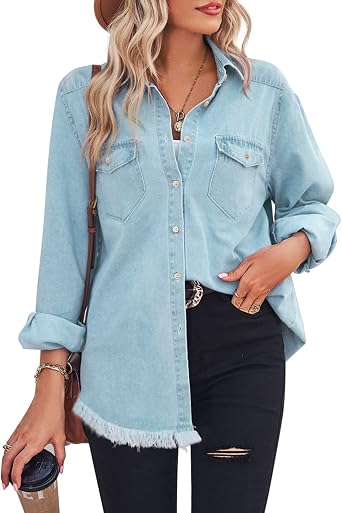 Zilcremo Women Denim Shirt Chambray Collared Jean Shirts Long Sleeve Pocket Button Down Blouses