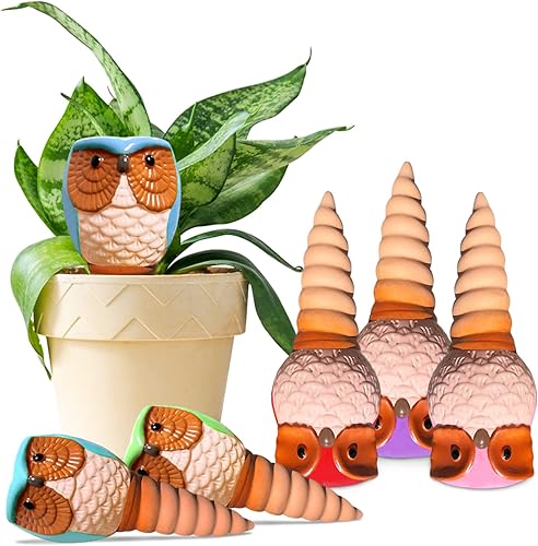 Estacas de riego automático, estacas de riego automático de plantas de terracota, paquete de 6 dispositivos de riego automático de cerámica de búho