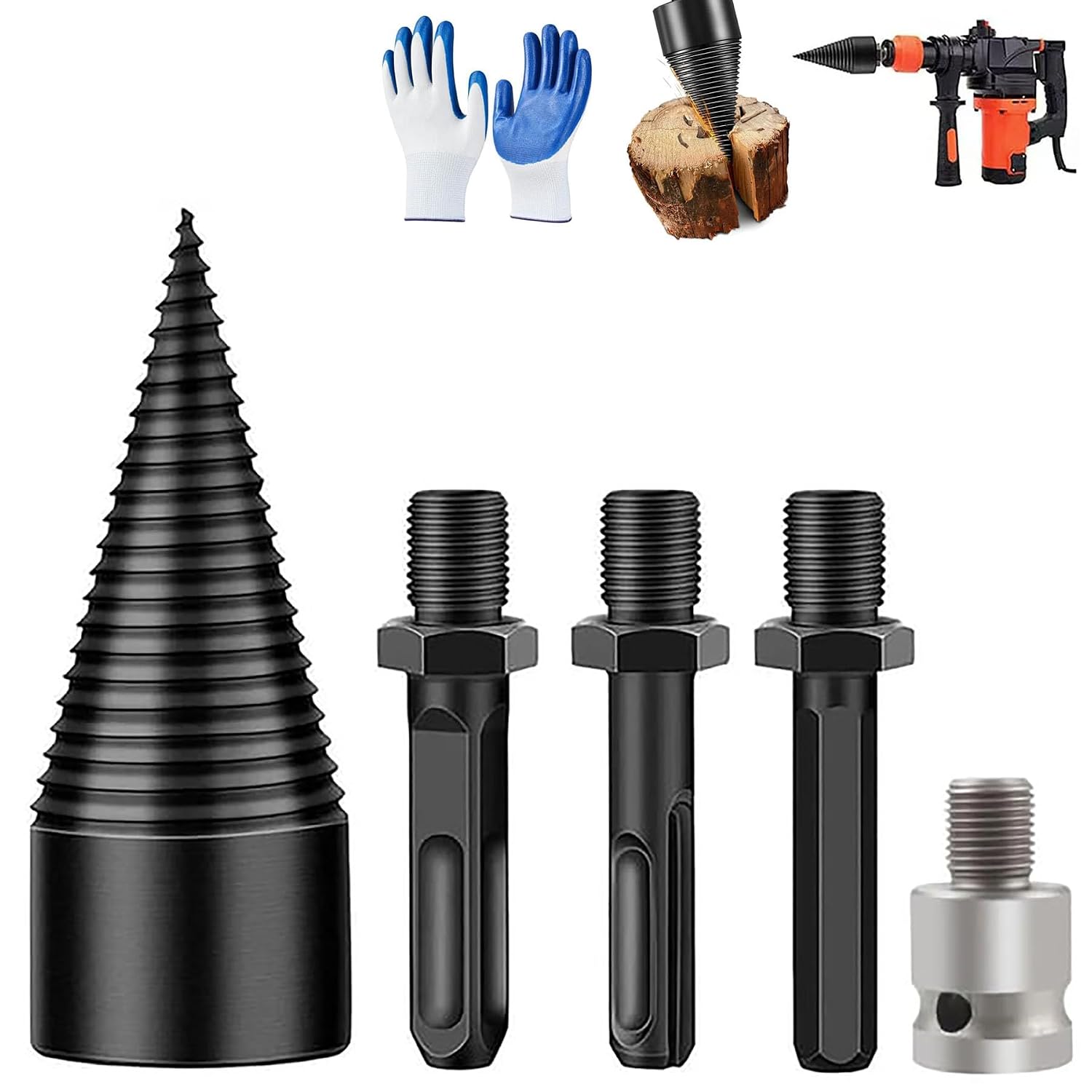 Firewood Auger for Drill, Wood Splitter Drill Bit, Heavy Duty Electric Drills Screw Cone Driver Removable, Detachable Wood Splitting Wedge Tool (42MM / 1.65 in+3 Hand Drills)
