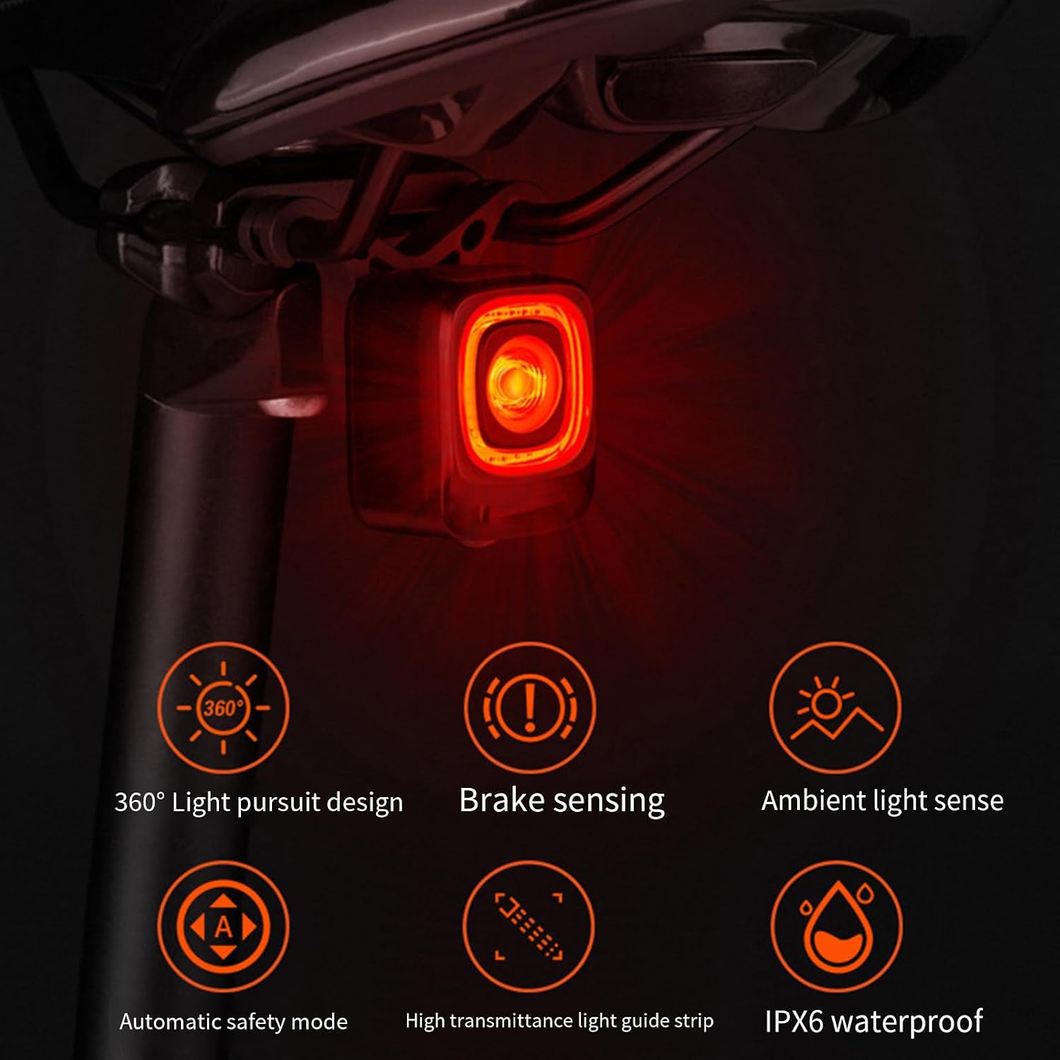 Icons representing features like 360-degree light, brake sensing, ambient light sensing, automatic safety mode, high transmittance light strip, and IPX6 waterproof rating