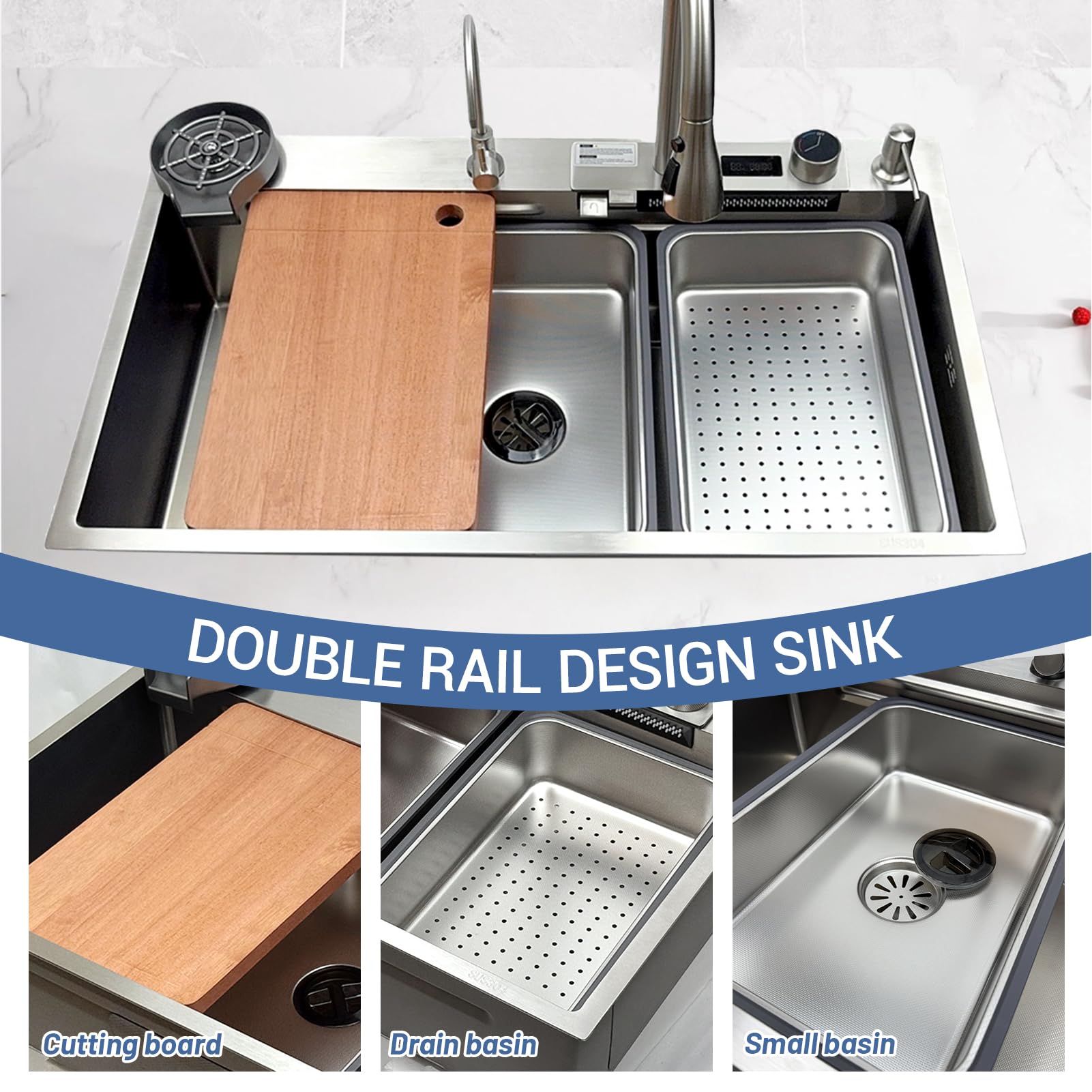 Fregadero de cocina plateado de 85 x 50 cm, acero inoxidable 304, cascada con grifo extensible, lavavajillas de cristal, tabla de cortar, sifón, tubo de drenaje, fregadero multifuncional, fregadero de