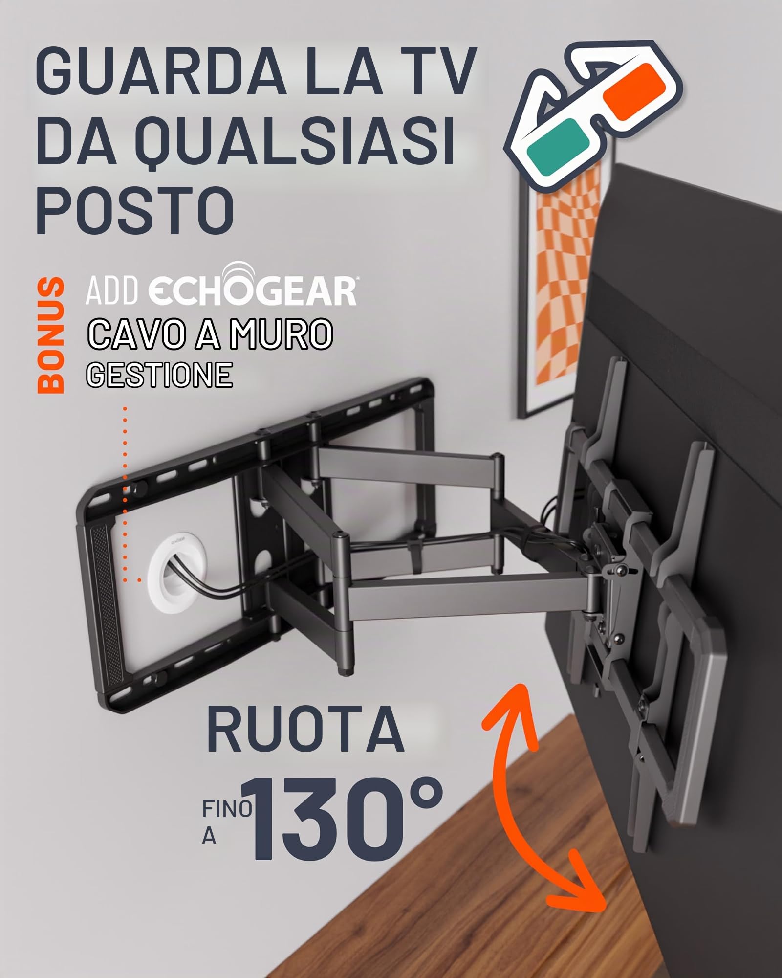 ECHOGEAR TV- Supporto da parete a movimento completo, schermi fino a 90, ruotabile, inclinabile, estendibile, design universale, con sagoma per fori di montaggio, adatto per Samsung, Vizio, LG, ecc.