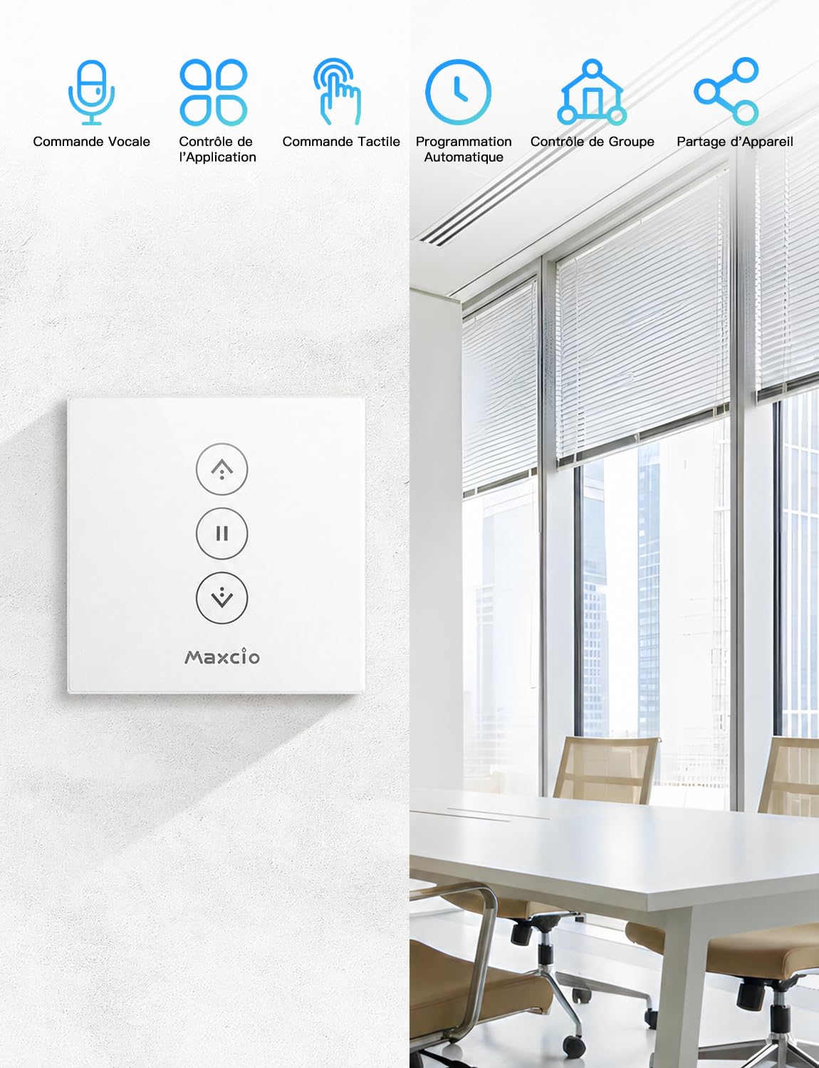 Maxcio Interrupteur Connecté WiFi Volet Roulant Verre Tactile [Fil Neutre] | Interrupteur Intelligent Pour Rideau Compatible Alexa & Google Home, Minuterie Automatique, Commande Vocale & App 4er