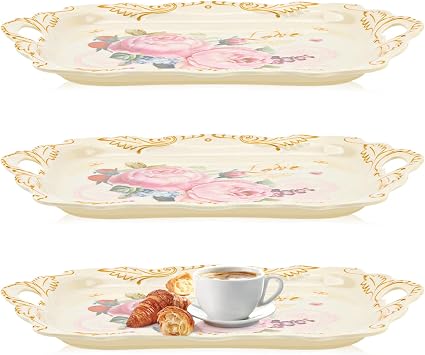 Melamine Serving Tray Art Trays,3 Pack Stackable Food Tray, Large Serving Platter with Handle for Eating, Unbreakable Large Serving Platter with Floral Print 16.5 x 11.3 x 1.4 Inches