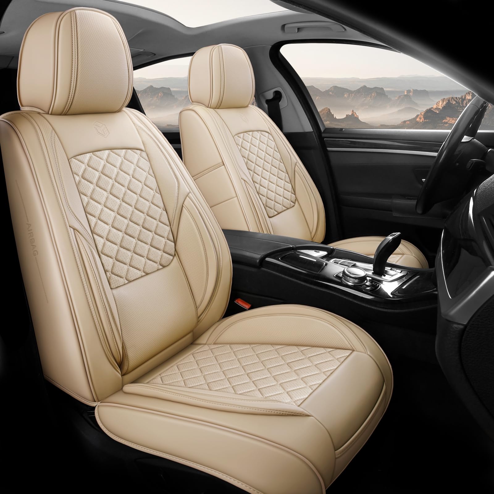 Photo 1 of GEEYONTEK Car Seat Covers Front Set, 2Pcs Universal Waterproof Leather Vehicle Cushion for Automotive Front, Driver Seat Protectors Fit for Most SUV Truck Sedan Pick-up Jeep, Airbag Compatible (Beige) Front Set Beige