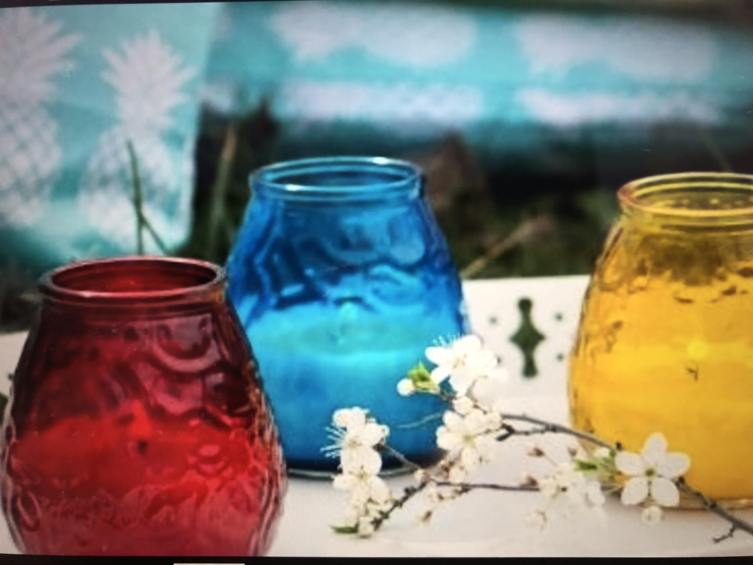 6x Gartenkerzen im Glas – Windlichter Outdoor/Indoor für Balkon & Terrasse, Sommerdeko, lange Brenndauer ca. 40h, bunt sortiert