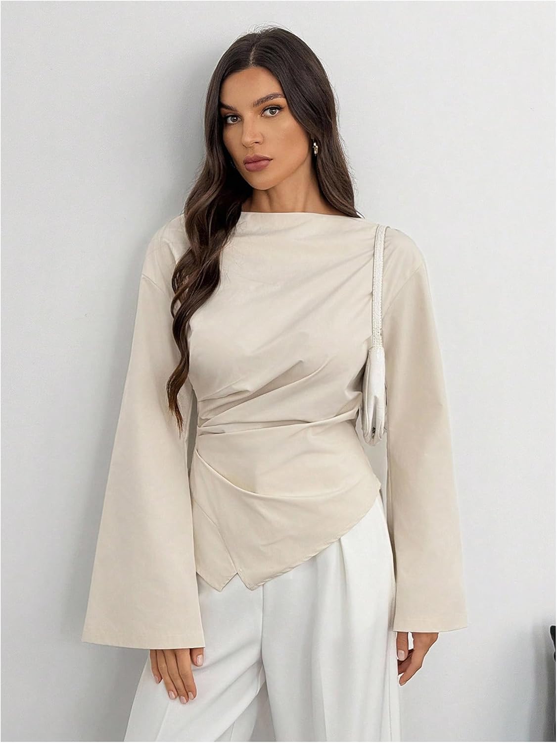 SweatyRocks Women's Bell Sleeve Scoop Neck Tops Ruched Asymmetric Hem Blouse Dressy Casual Work Shirt - Image 6