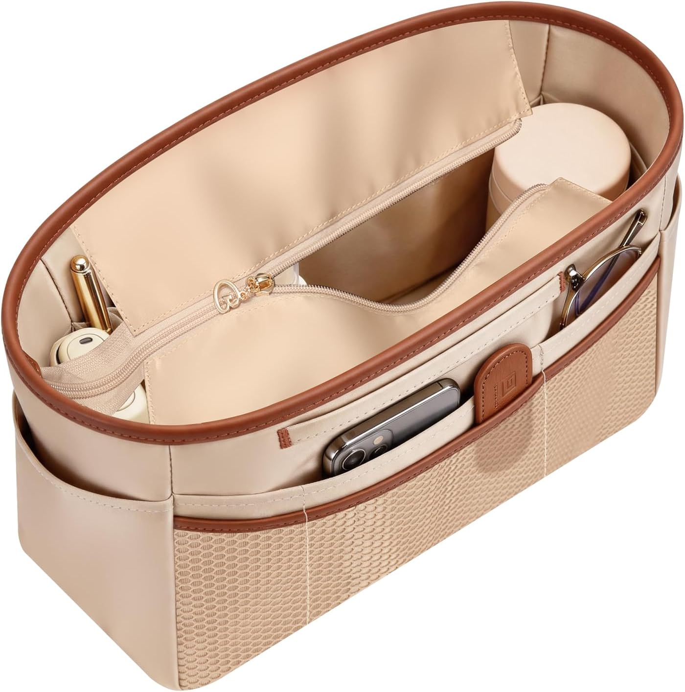 GIVLEFLY Purse Organizer Insert for Tote Bag, Large Bag Organizer Insert with Zipper Pocket, Multi Pocket Handbag Organizer, Structured Purse Liner Shaper, Beige