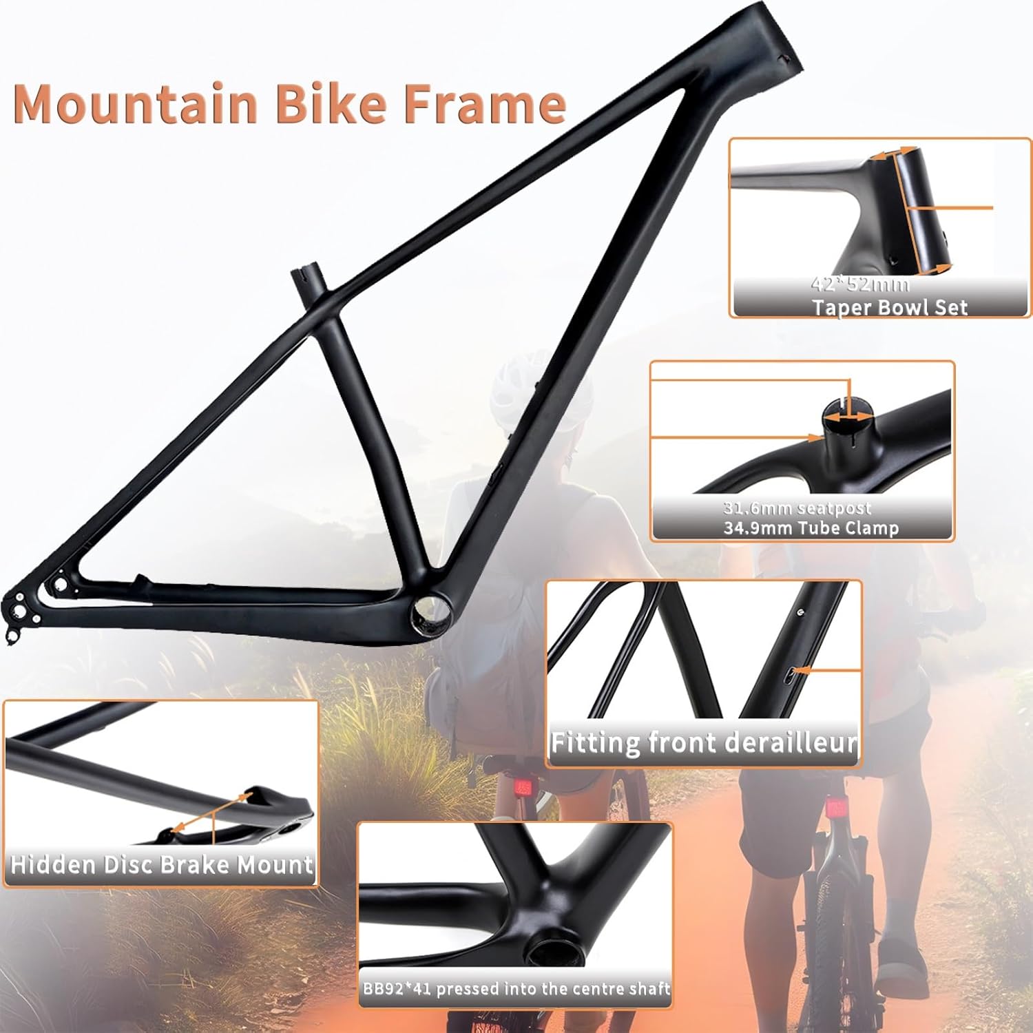 Carbon Fiber Bike Frame 27.5er 29er Mountain Bike Frame XC Hardtail Frame 15''/17''/19'' Disc Brake Thru Axle Frame Internal Routing