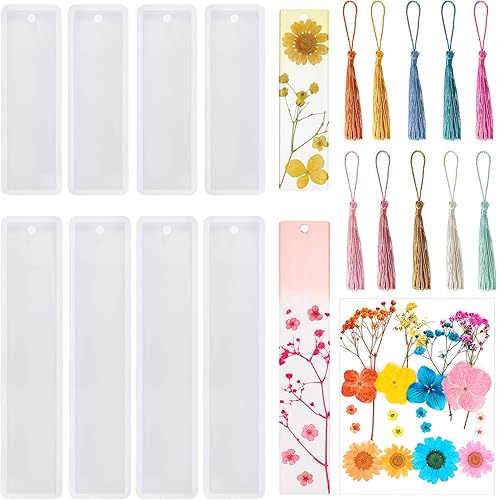 Juego de 38 moldes de resina para marcapáginas, incluye marcador rectangular de silicona, molde de joyería de resina epoxi con borlas coloridas y