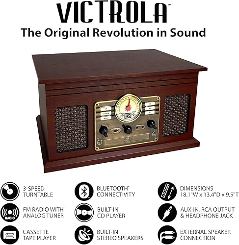 Miniatura 3 de Victrola Hawthorne - Reproductor de discos Bluetooth de 3 velocidades (33 13, 45, 78 RPM) con CD, cassette, radio FM y altavoces estéreo integrados,
