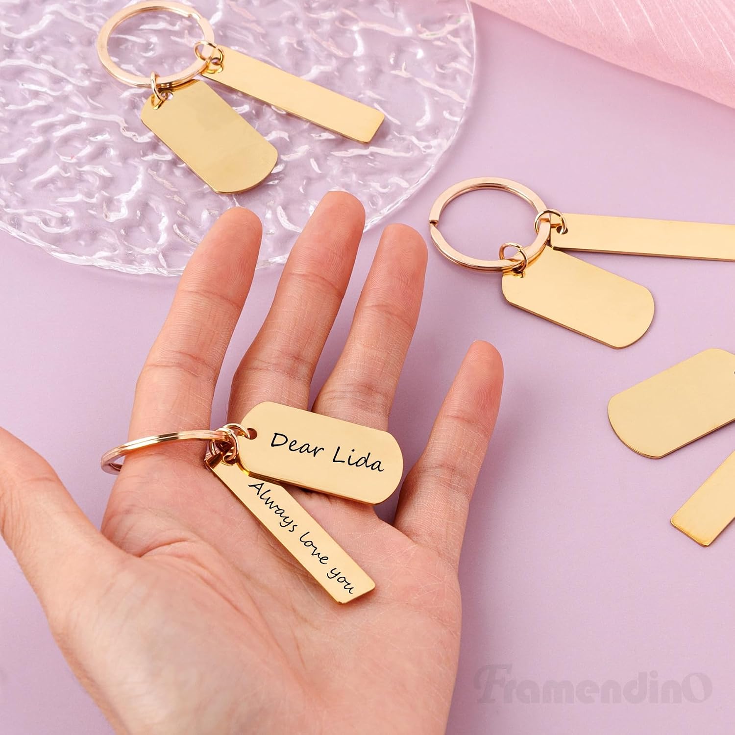 Framendino, 30 Pack Engravable Keychain Blanks Stamping Stainless Steel Key rings Tool for DIY Employee Craft Gold