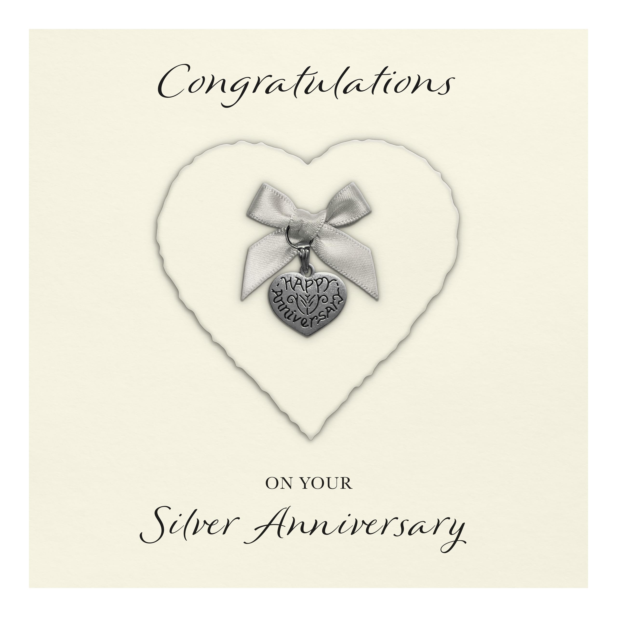 Silver 25th Anniversary Card "Heart Charm & Bow" - Handmade UK (Ivory Heart/Silver Bow, Ivory Cardstock)