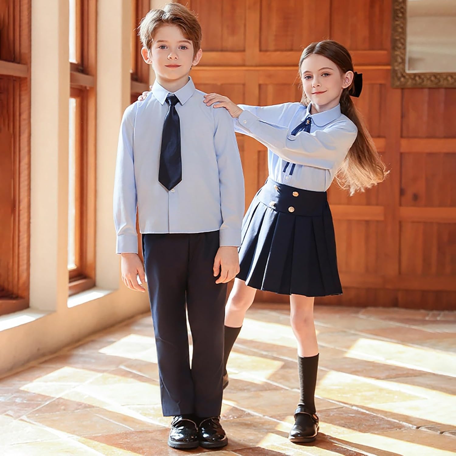 Boys 3 Piece School Uniform Outfit with Dress Shirt, Pant and Bow Tie Sets