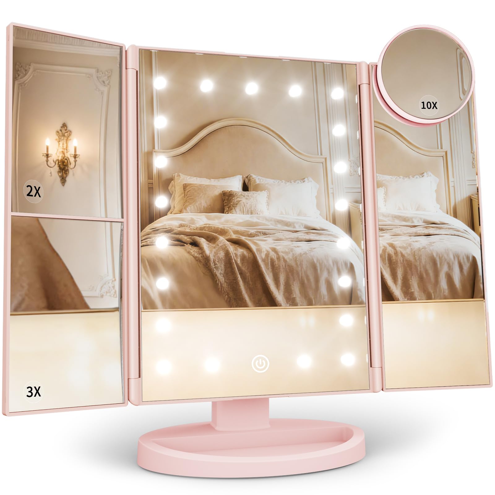 HUONUL Makeup Mirror, Vanity Mirror with Lights, 2X/3X/10X Magnification, Touch Control, Trifold Mirror, Dual Power Supply, Valentines Day Gifts for