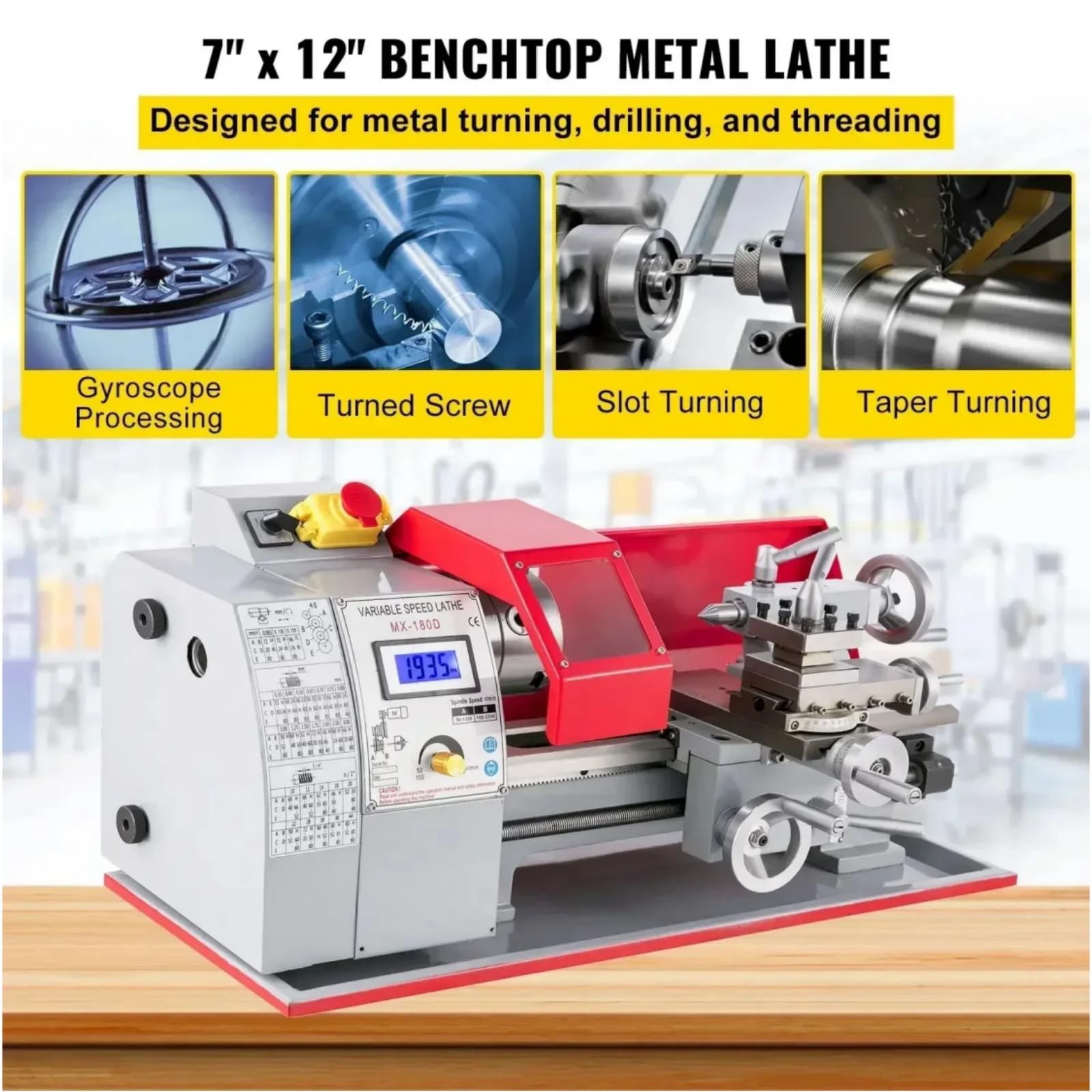 Mini Torno de Banco Metálico 600W 7''x12'', Velocidad Variable 50-2250RPM, Alta Precisión 0.01mm, Mandril de Tres Garras