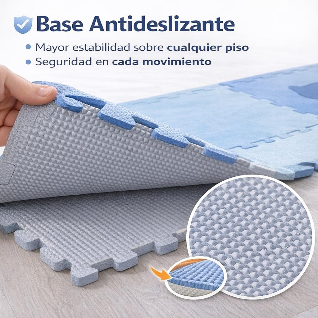 Children's EVA Foam Puzzle Mat, Blue, 185 x 185 cm, 9 Pieces, 1.2 cm Anti-Shock, Animal Theme, Educational