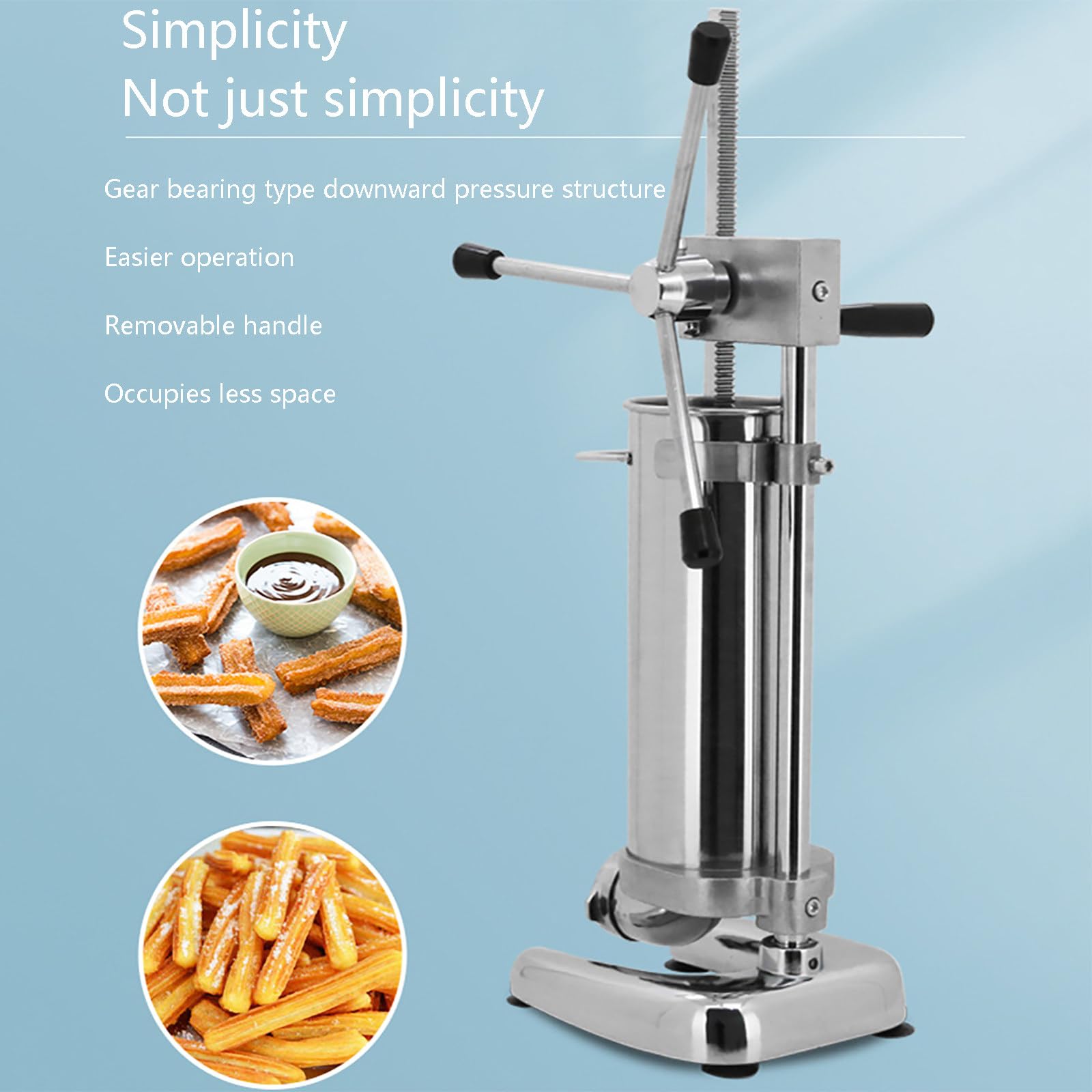 Churrera Manual Comercial, Churrera Española de Acero Inoxidable con 5 Moldes, Máquina para Hacer Rosquillas de Frutas Latinas, Embutidora Manual para Restaurantes y Panaderías.,2L
