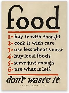 Jorjor Decor Food Don't Waste It Checklist Wartime Food Rationing Poster, Vintage Style 1917 World War One Print