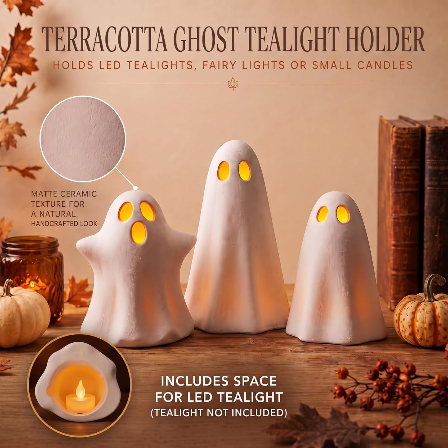 LemonRoad 3 Pcs Halloween Terracotta Ghost Decor Indoor Tealight Holder
