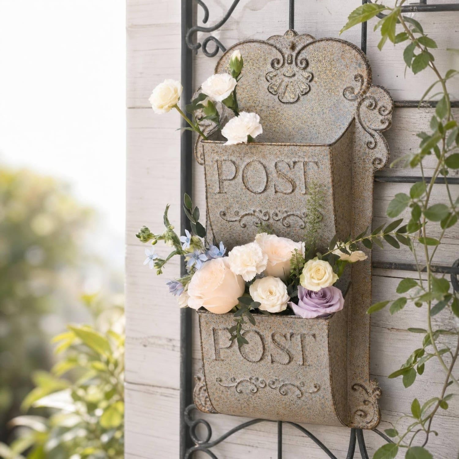 Embossed Lettering Decorative Mailbox Scrollwork Details Wall-Mounted Mailbox Organizer Distressed Finish Rustic Post Box, Gray Gold-picture-12