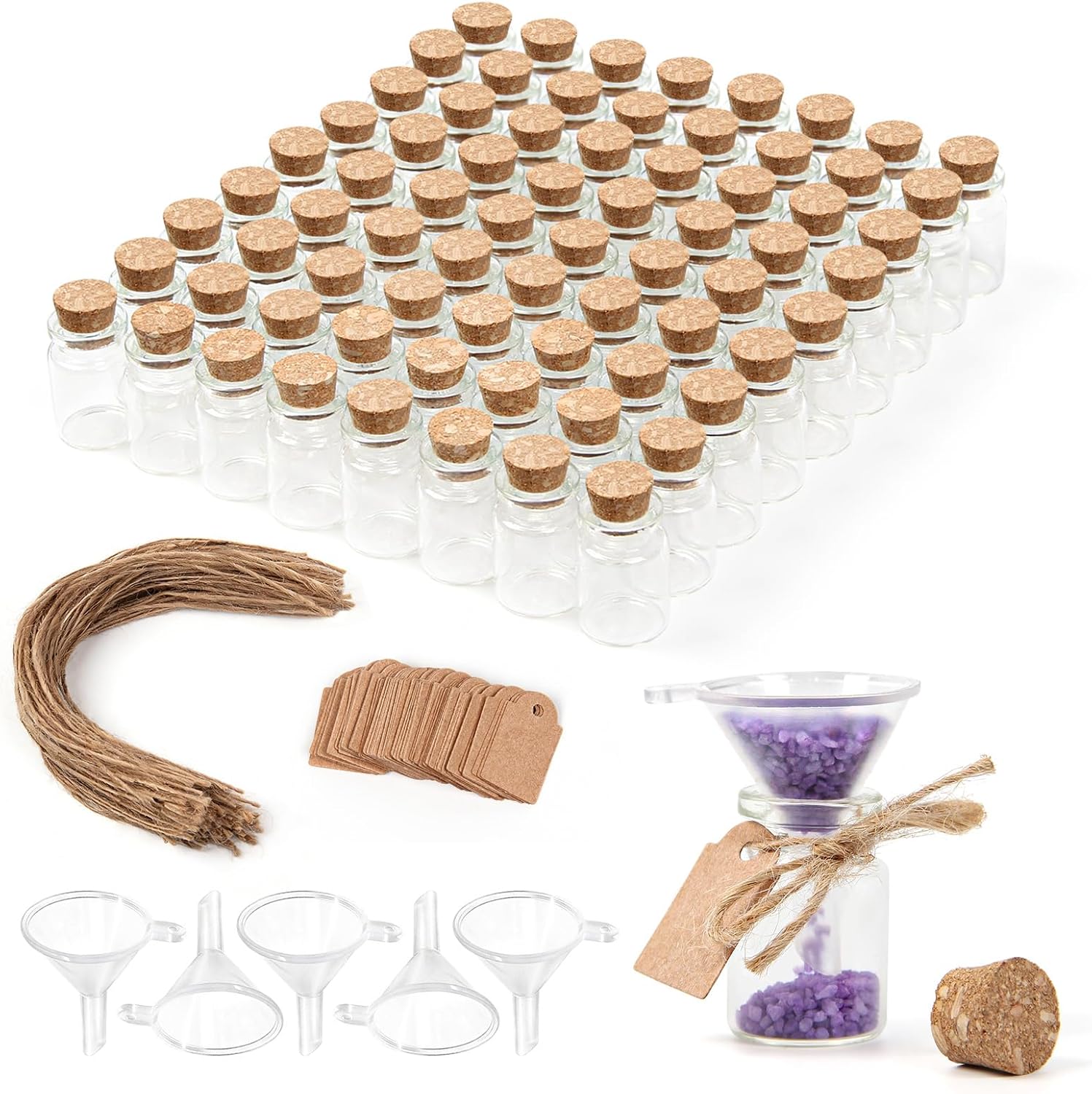 20ml Small Glass Bottles with Cork Stoppers, Pack of 100, Wishing Glass Jars with Lids with Personalized Label Tags and String, Mini Bottles for DIY Crafts, Wedding Party Favors