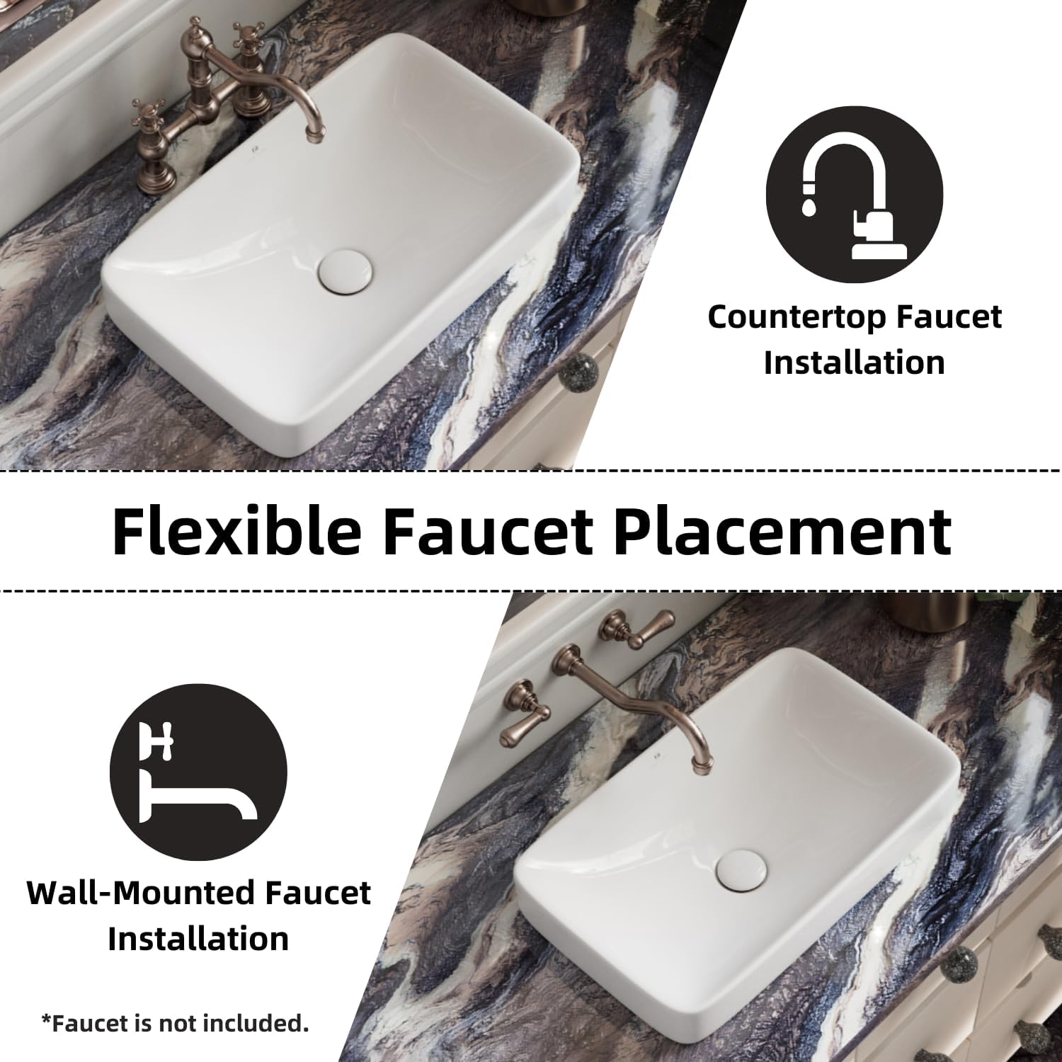 19"W x 12"D Drop-In Bathroom Sink with Pop-Up Drain, Los Flexi 19 Inch Semi Recessed White Ceramic Rectangular Vessel Sink, Modern Above Counter Vanity Basin Without Overflow