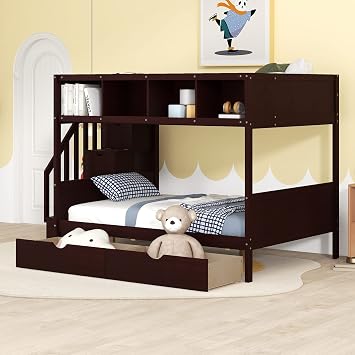 roomfitters Twin-Over-Full Bunk Bed with Storage Shelves, Staircase, Two Drawers, Solid Wood Construction, Functional and Stylish Sleeping Arrangement, Espresso