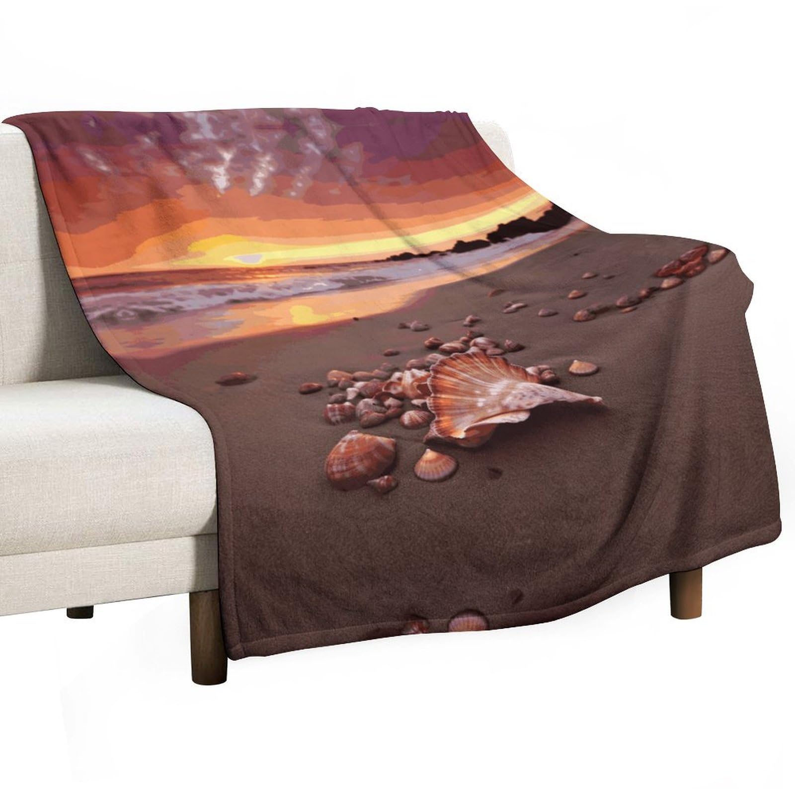 Couverture polaire douce évocation plage et coucher de soleil pour lit