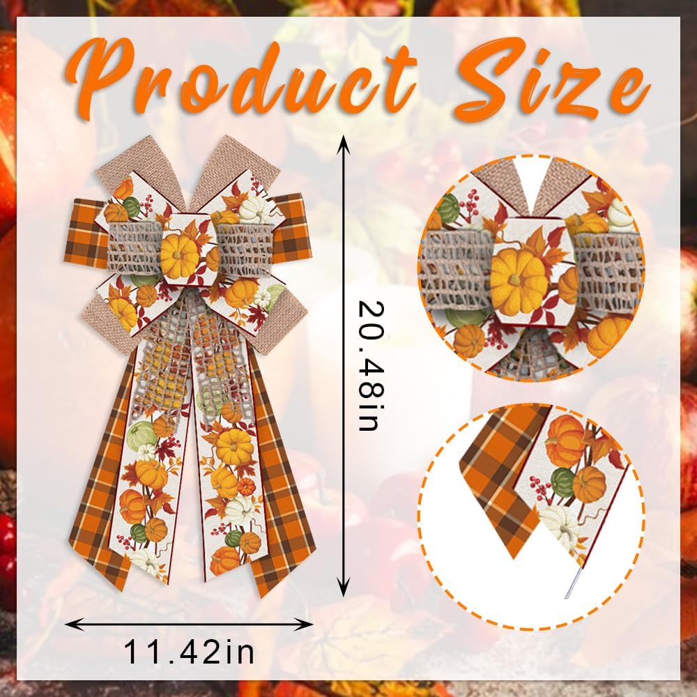 Large Fall Wreath Bows Thanksgiving Fall Bows for Wreath Brown Pumpkin Buffalo Plaid Burlap Decor Bows for Thanksgiving Fall Autumn Front Door Indoor Outdoor Tree Topper Wreath Decoration Supplies
