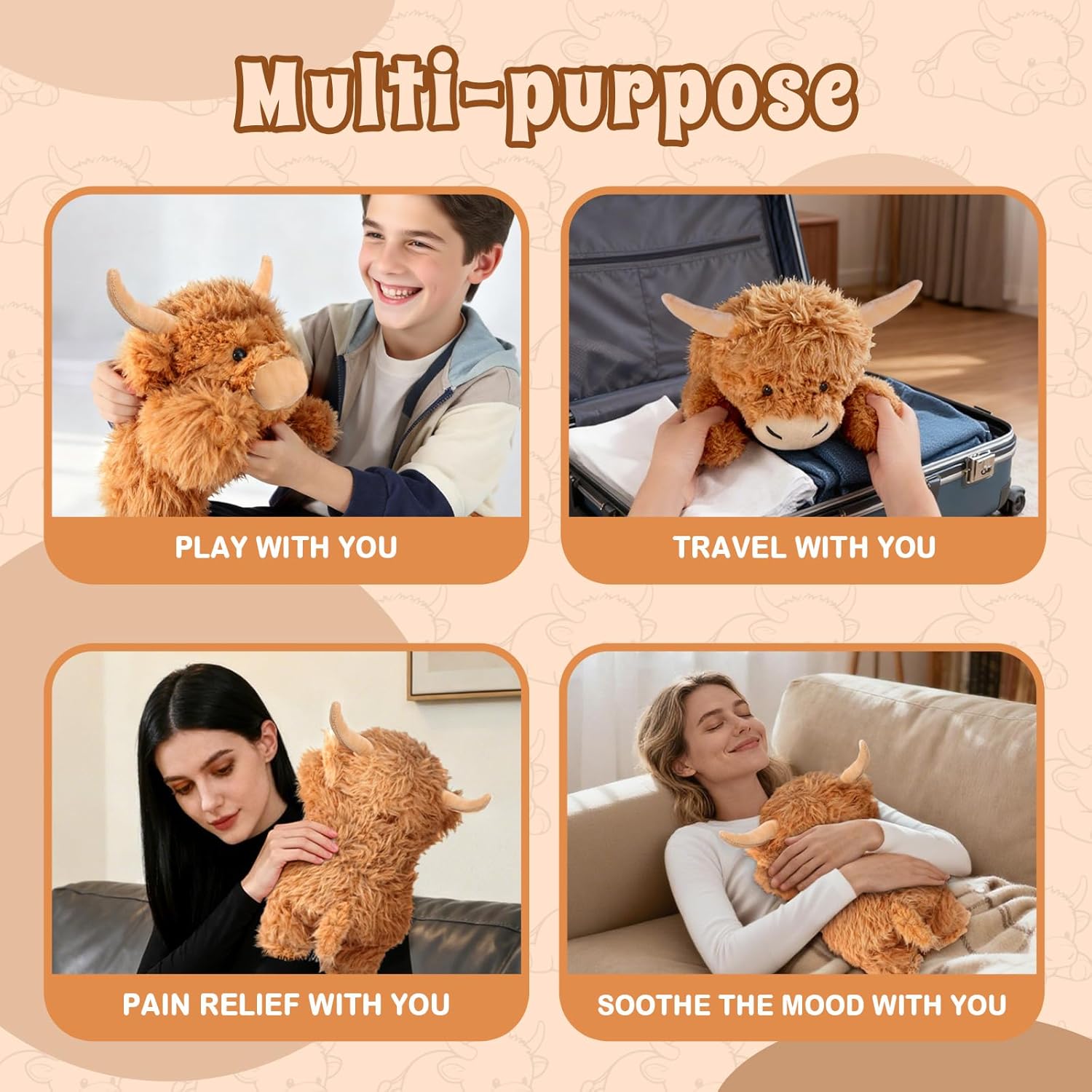 Highland Cow Stuffed Animals, Weighted Stuffed Animals with Removable Microwave Heating Pad for Period Cramps, Pain Stress Relief for Women, Lavender Scented Cow Plush for Relax, Highland Cow Gifts