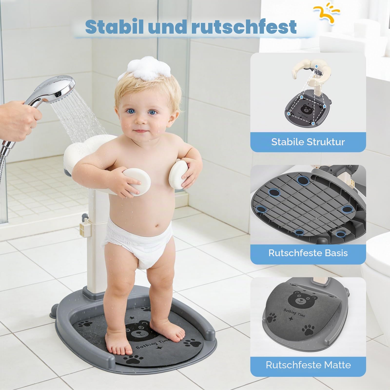 Baby Dusche Ständer, Höhenverstellung 40-57cm, Baby Shower Stand Support mit Anti-Rutsch Basis & Rutschfester Matte, BPA-frei, Shower Support für Kinder 6-36 Monate zum Baden, Wickeln & Anziehen(Weiß)