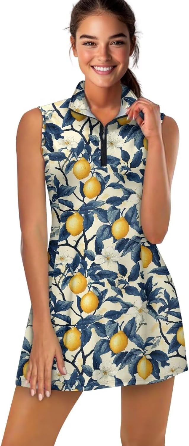 Golf Dresses for Women V-Neck Sleeveless Athletic Outfits Pockets Tennis Dress Separate Shorts Two Piece Set Workout