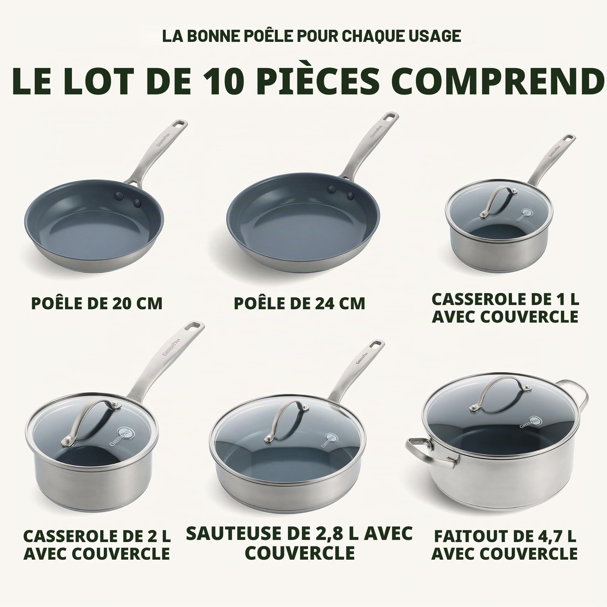 GreenPan Treviso Batterie de Cuisine en Acier Inoxydable avec Revêtement Antiadhésif en Céramique Sain, 10 pièces, Poêle à Frire, Casserole, Sans PFAS, Induction, Four, Lave-Vaisselle, Argent