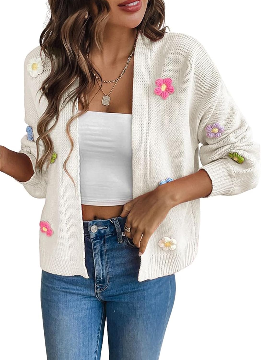 utcoco Women's Cropped Cardigan Sweaters Boho Crochet Floral Embroidery Oversized Open Front Knit Sweater Outwear