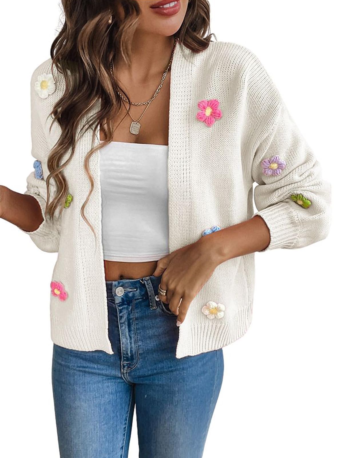 utcoco Women's Cropped Cardigan Sweaters Boho Crochet Floral Embroidery Oversized Open Front Knit Sweater Outwear