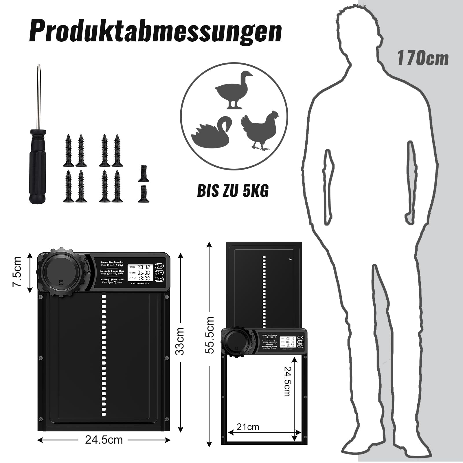 CHAMUTY Aluminum Automatische Hühnerklappe Batterie, Hühnerklappe Automatisch mit Wasserdicht Großes Display, Timer, Manuelle, Elektrische Hühnerklappe Hühnertür, Intelligenter Einklemmschutz, Schwarz
