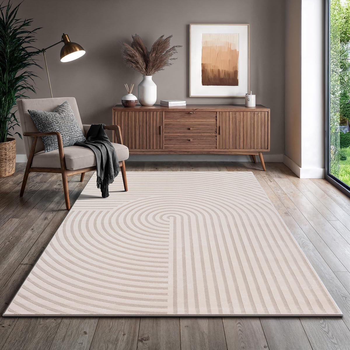 the carpet Knight Tapis de Salon de Luxe à Poils Courts Doux au Toucher, Effet 3D et détails Brillants raffinés dans Une Structure très Profonde, Beige, 200 x 290 cm