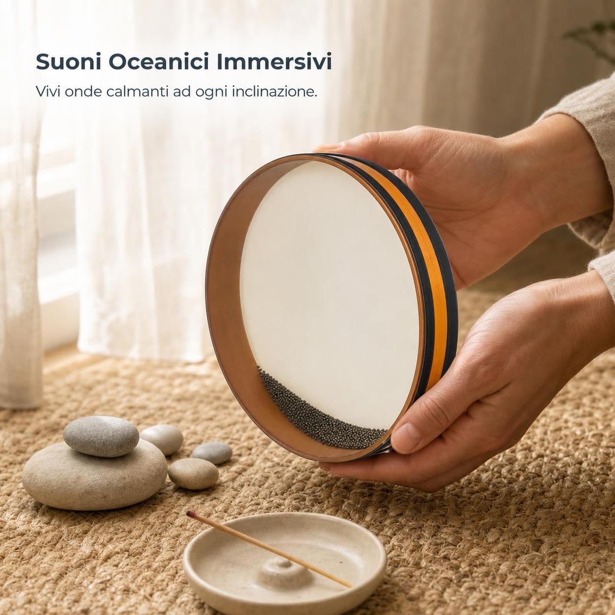 Tamburo Onda Oceanica Percussioni Doppio Lato per Effetto Realistico in Legno E Pelle Tocco Rilassante Adatto a Terapia Audio Meditazione Sala Benessere, 14 pollici
