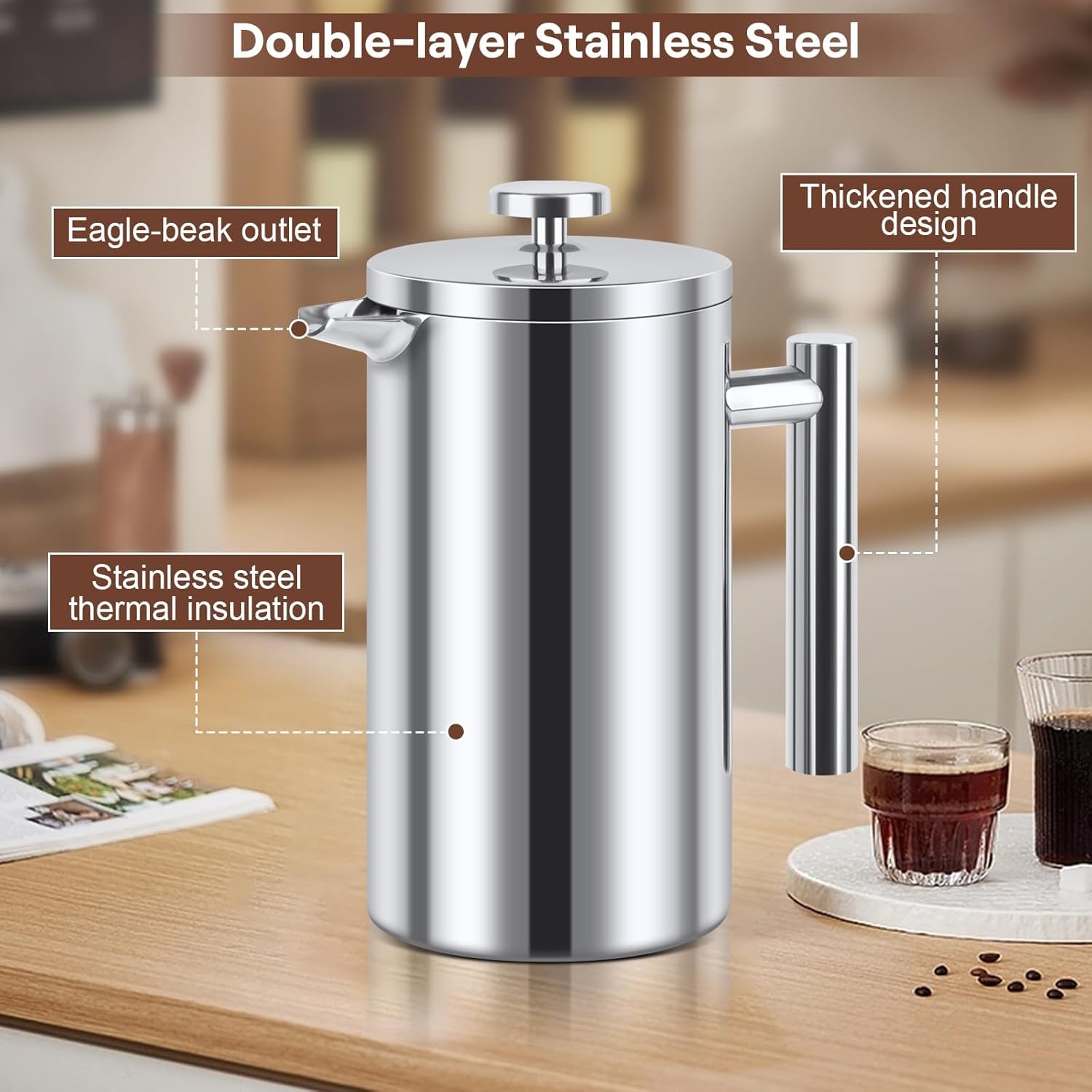 NVIYAM Caffettiera French Press in acciaio inox, 1000 ml, pressa francese a doppia parete, isolata, per la casa, il campeggio e l'ufficio