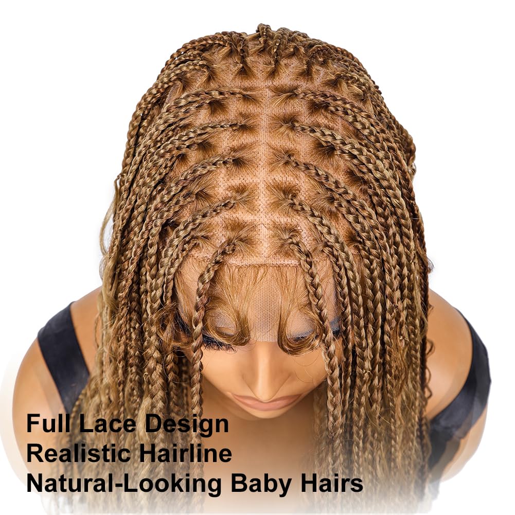 SUPERNOVA 36 Inch Long Wavy Full Lace Box Braided Wigs P30/27# Ombre Color Square Knotless 360 Full Lace Synthetic Hair Boho Braided Wig For Black Women Baby Hair Around Knotless Box Braids Wig