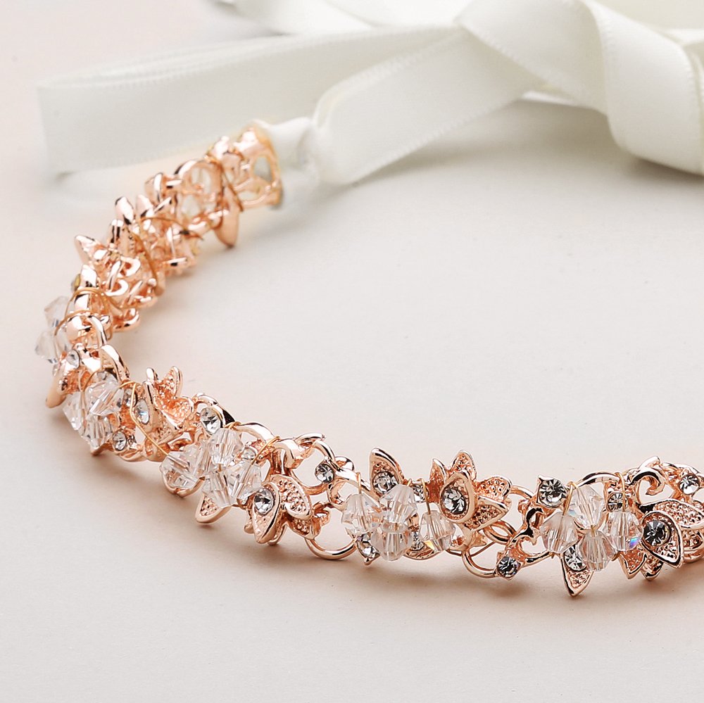 Mariell Blush Rose Gold Crystal Cluster Bridal Wedding Headband Hair Vine with Ribbon