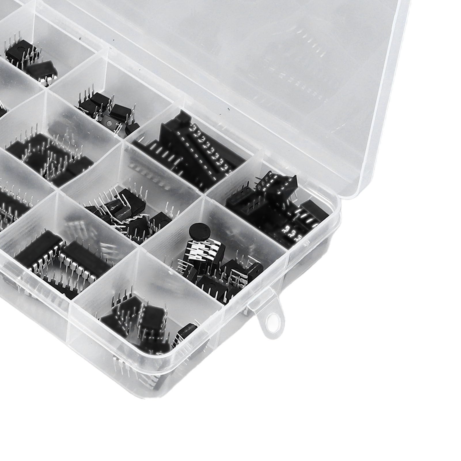 120PCS IC Chip Kit with SPI Interface, Silicon Material, Single Accuracy Timing, Multi Specification for Various Applications, Includes DIP Sockets and Plastic Storage Box