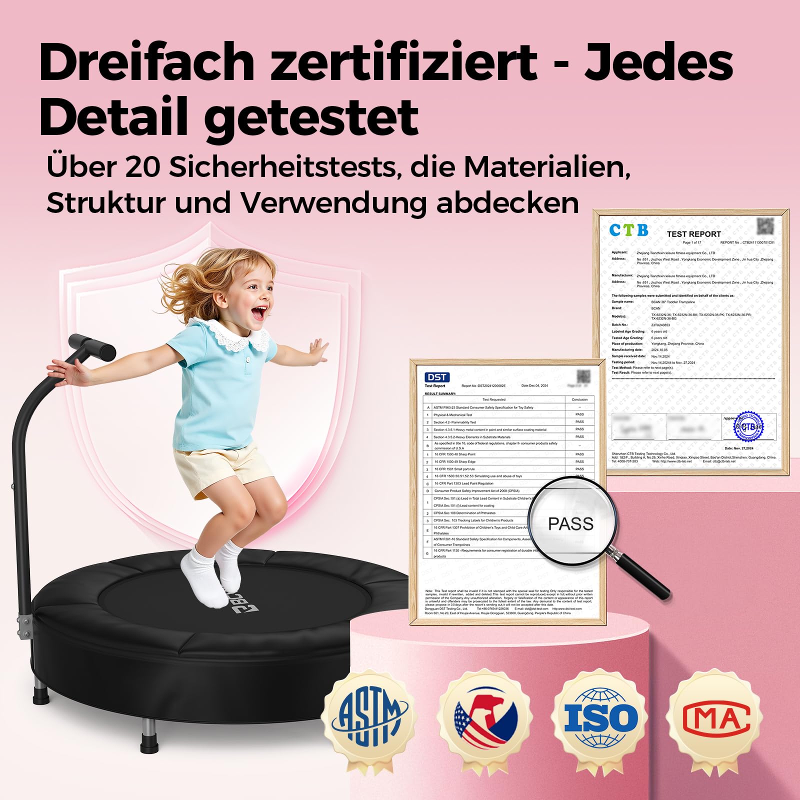 BCAN 91 cm Kleinkind-Trampolin, ASTM-Zertifiziert Schaumstoffgriff und sichere, verdickte Abdeckung, Mini-Trampoline für Kinder im Innenbereich, einfach aufzubauen