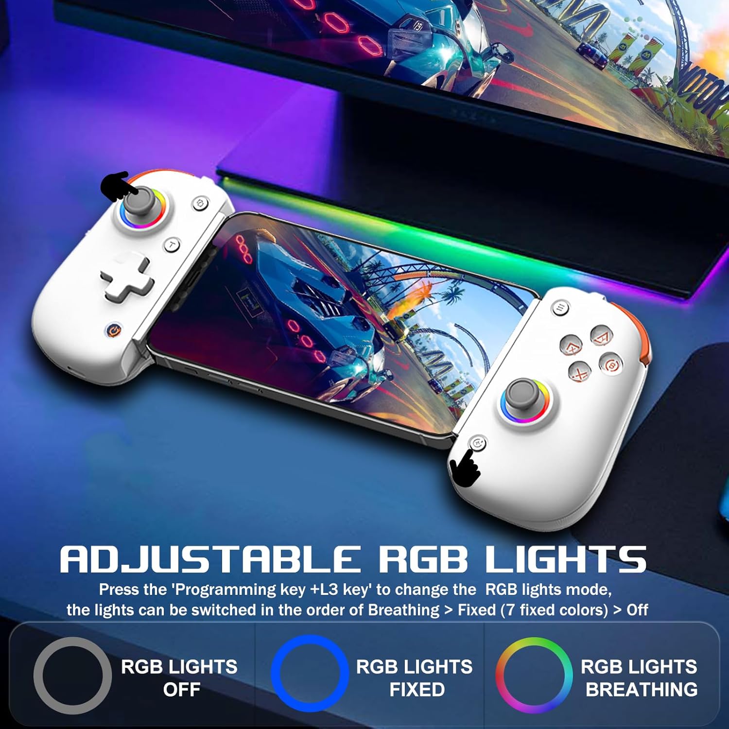 arVin D8 Pro controller with adjustable RGB lights, showing options for off, fixed colors, and breathing mode.