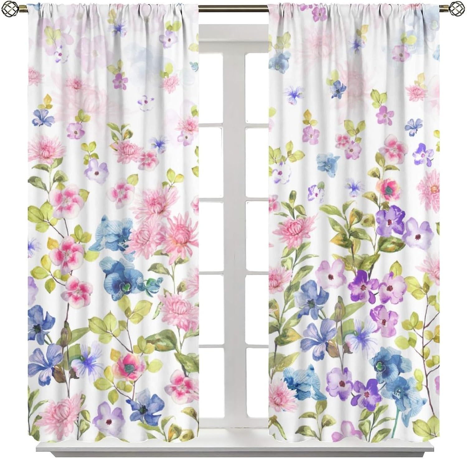 Floral Blackout Curtains, Watercolor Colorful Chrysanthemum Wildflower Plant Leaf Window Treatments for Kitchen Bedroom Living Room Blackout Drapes Rod Pocket 2 Panels 55x39 Inch