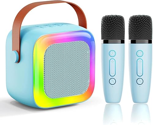 Mini máquina de karaoke para niños, adolescentes y adultos, máquina de karaoke para niños con 2 micrófonos inalámbricos y luces LED, juguetes para